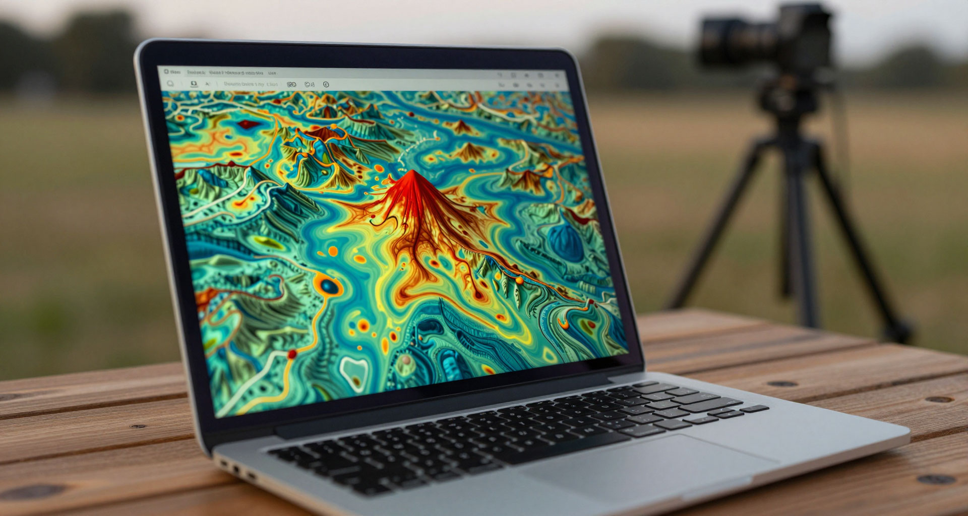 Mapa terenu w trzech wymiarach na ekranie laptopa, obok sprzęt pomiarowy